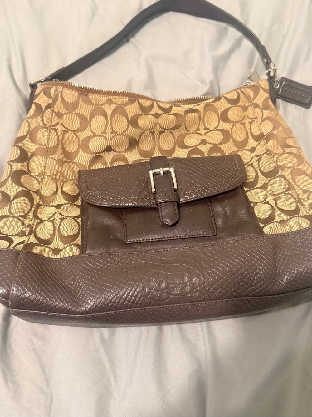 Coach Tan & Brown Signature Canvas Hobo with Front Buckle Pocket
